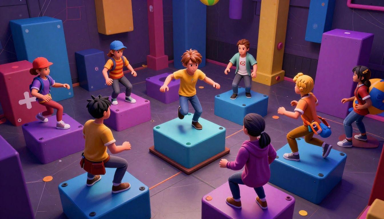 Personagens coloridos competindo em uma arena de obstáculos de Fall Guys, com plataformas móveis, barreiras e uma atmosfera multiplayer divertida