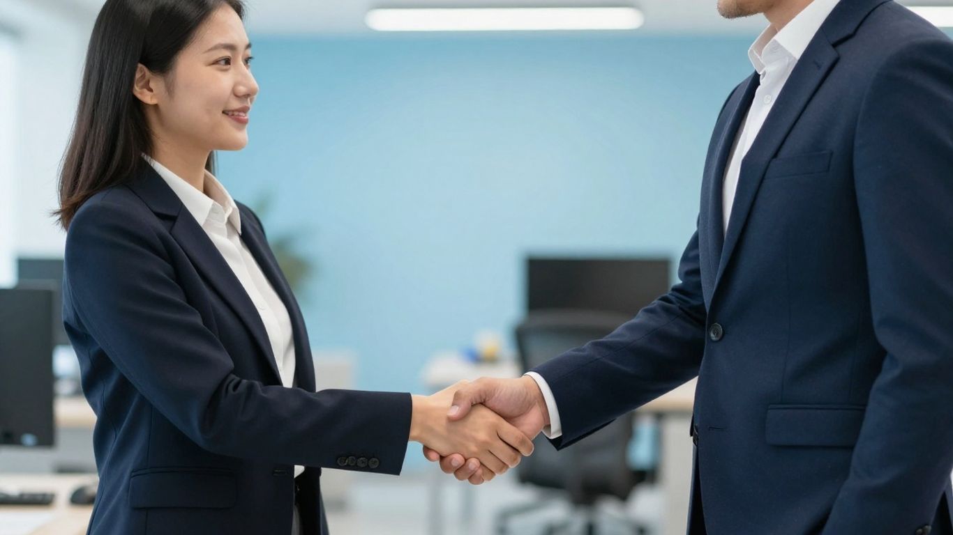 Zwei Personen schütteln sich die Hände im Büro.