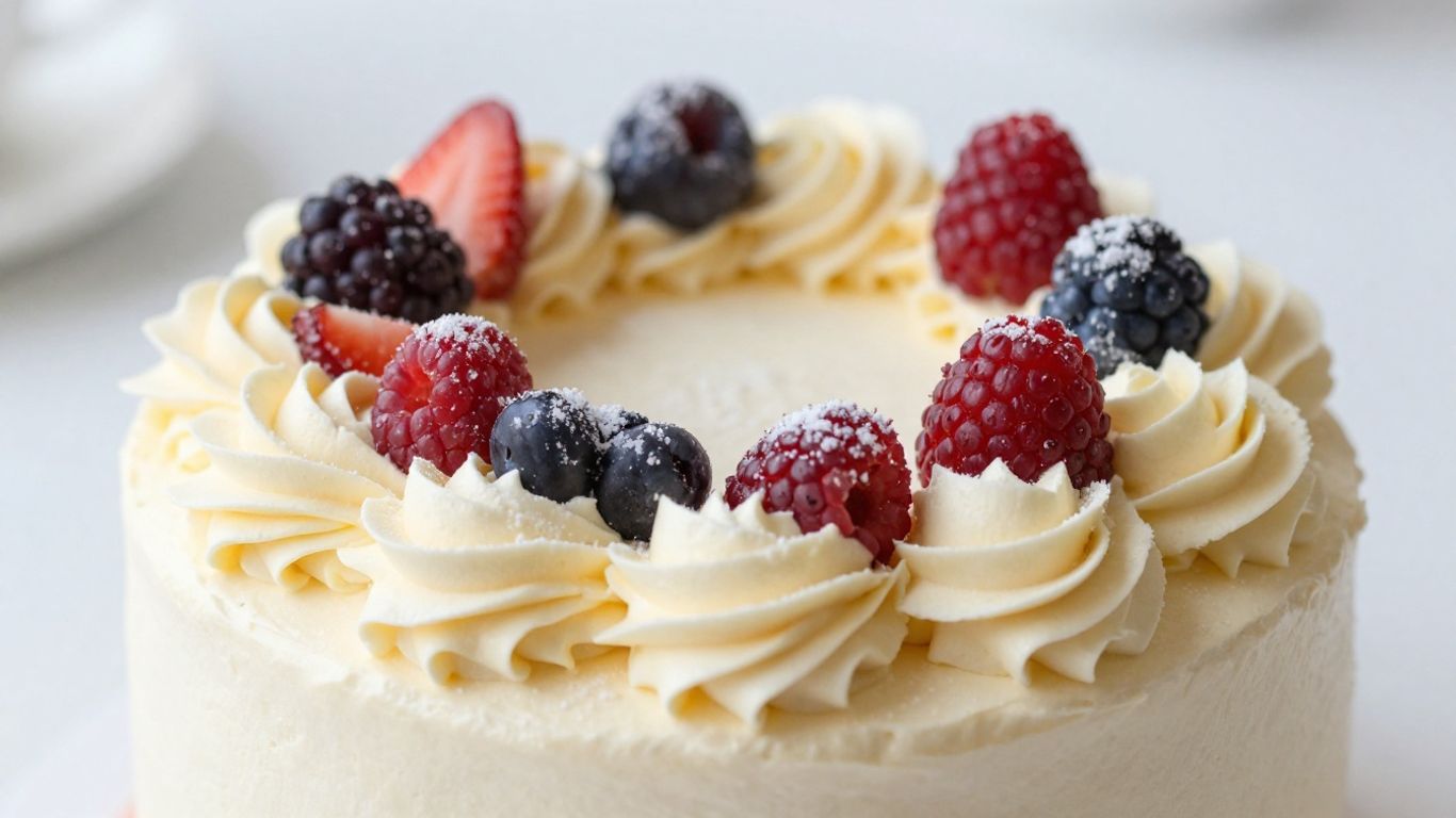 Low-sugar cake with frosting and berries.
