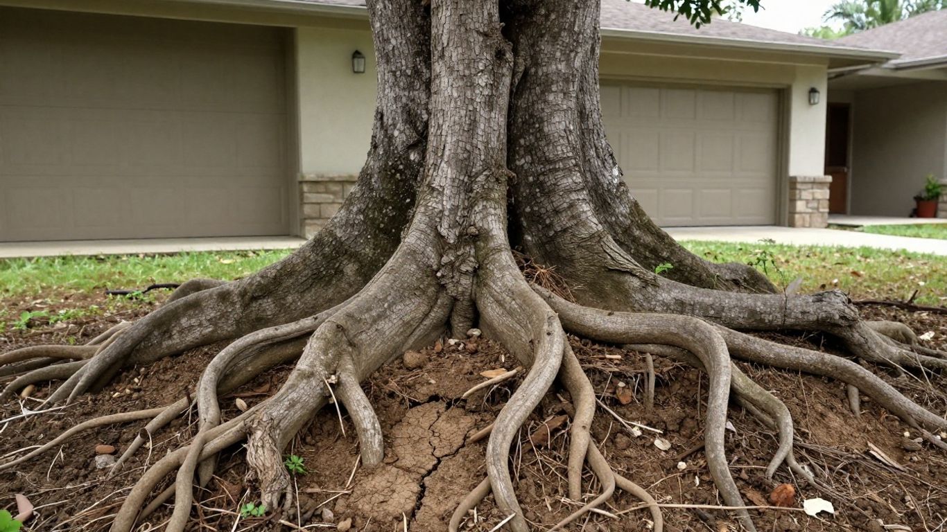 Tree roots near house foundation affecting soil moisture.