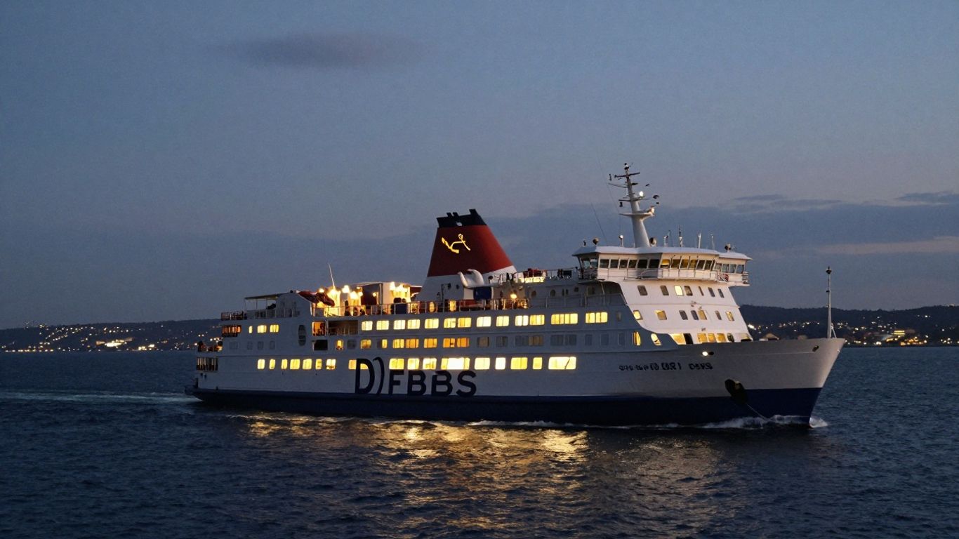 DFDS ferry sailing from Newcastle to Amsterdam at dusk.