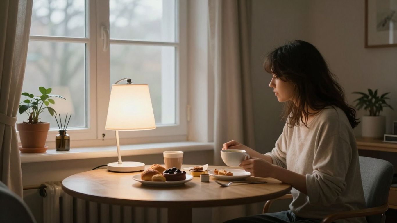 Person nutzt morgens eine Tageslichtlampe am Fenster