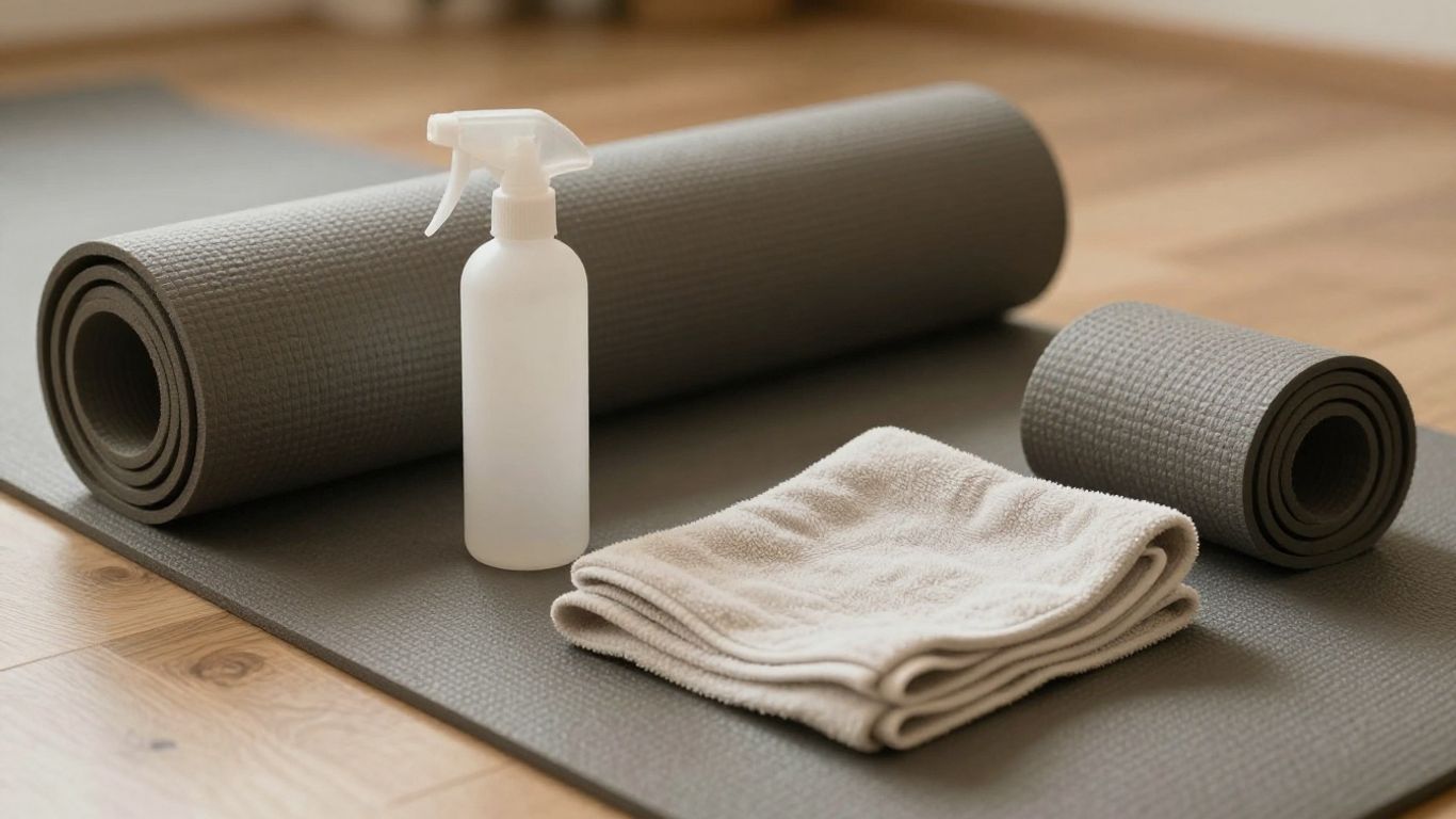 Yoga mat, spray bottle, and soft cloth