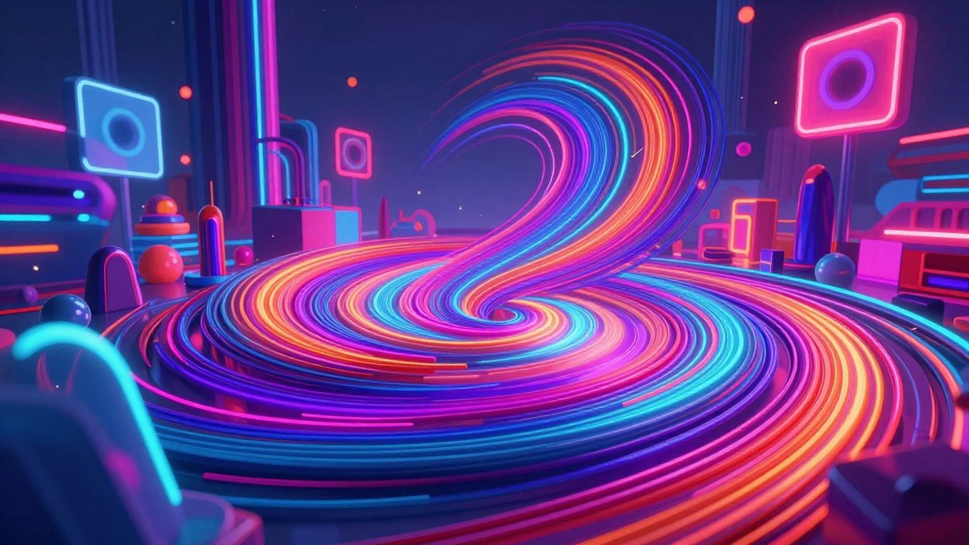 Abstract digital landscape with neon colors and geometric shapes.