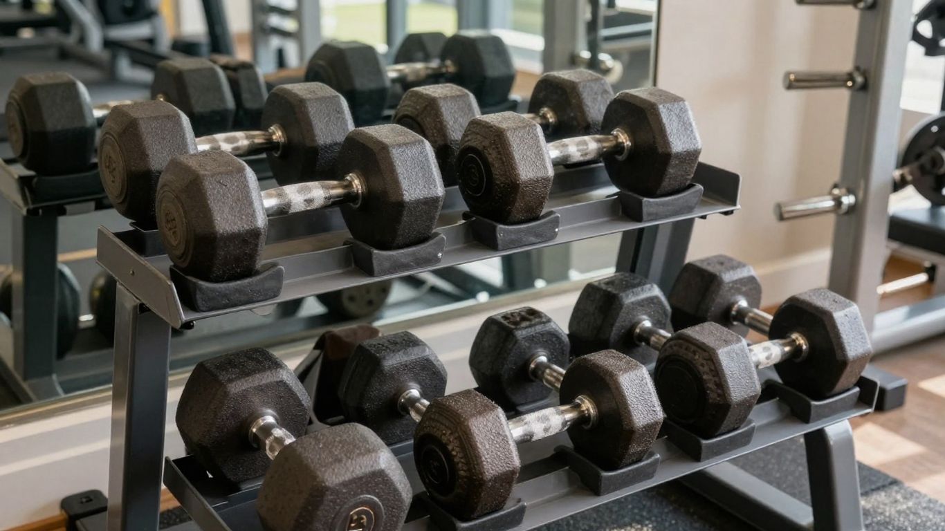 Dumbbell rack with various weights and materials.