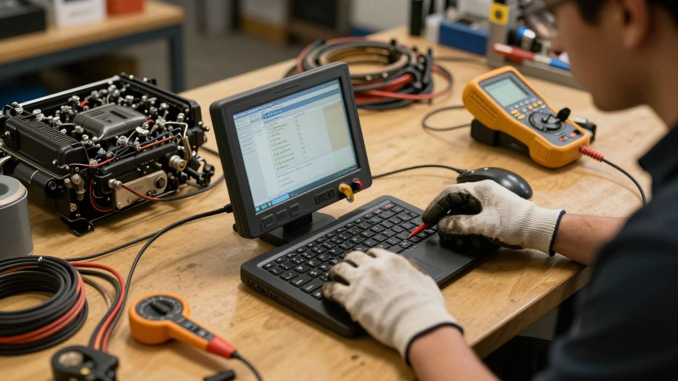 Automotive technician testing an ECU module