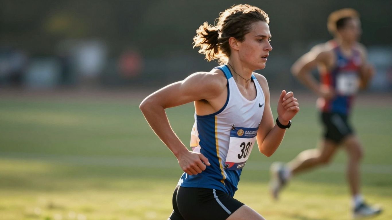 Runner in motion, focused on race pace.