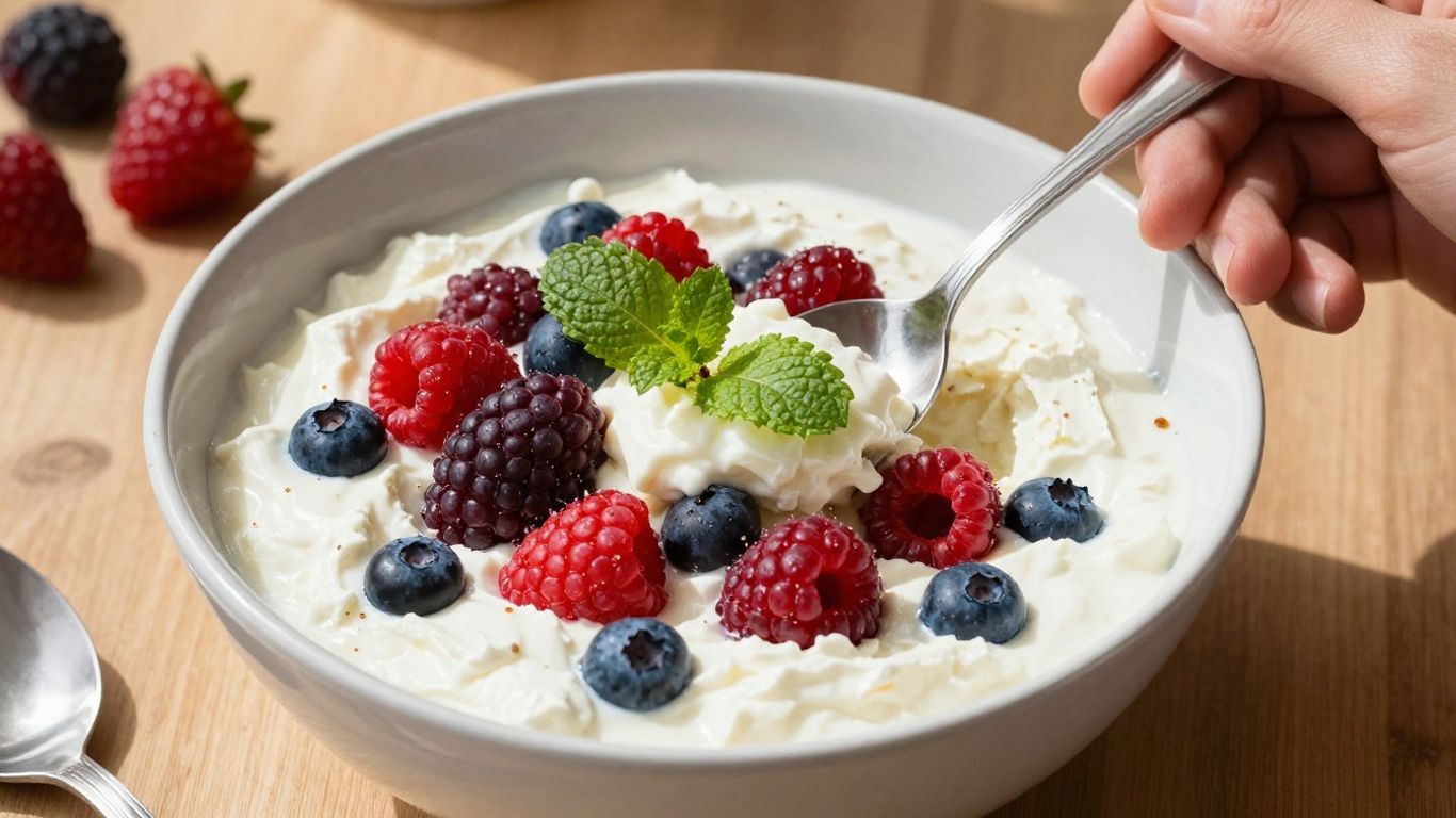 Bowl of curd with berries and a spoon.
