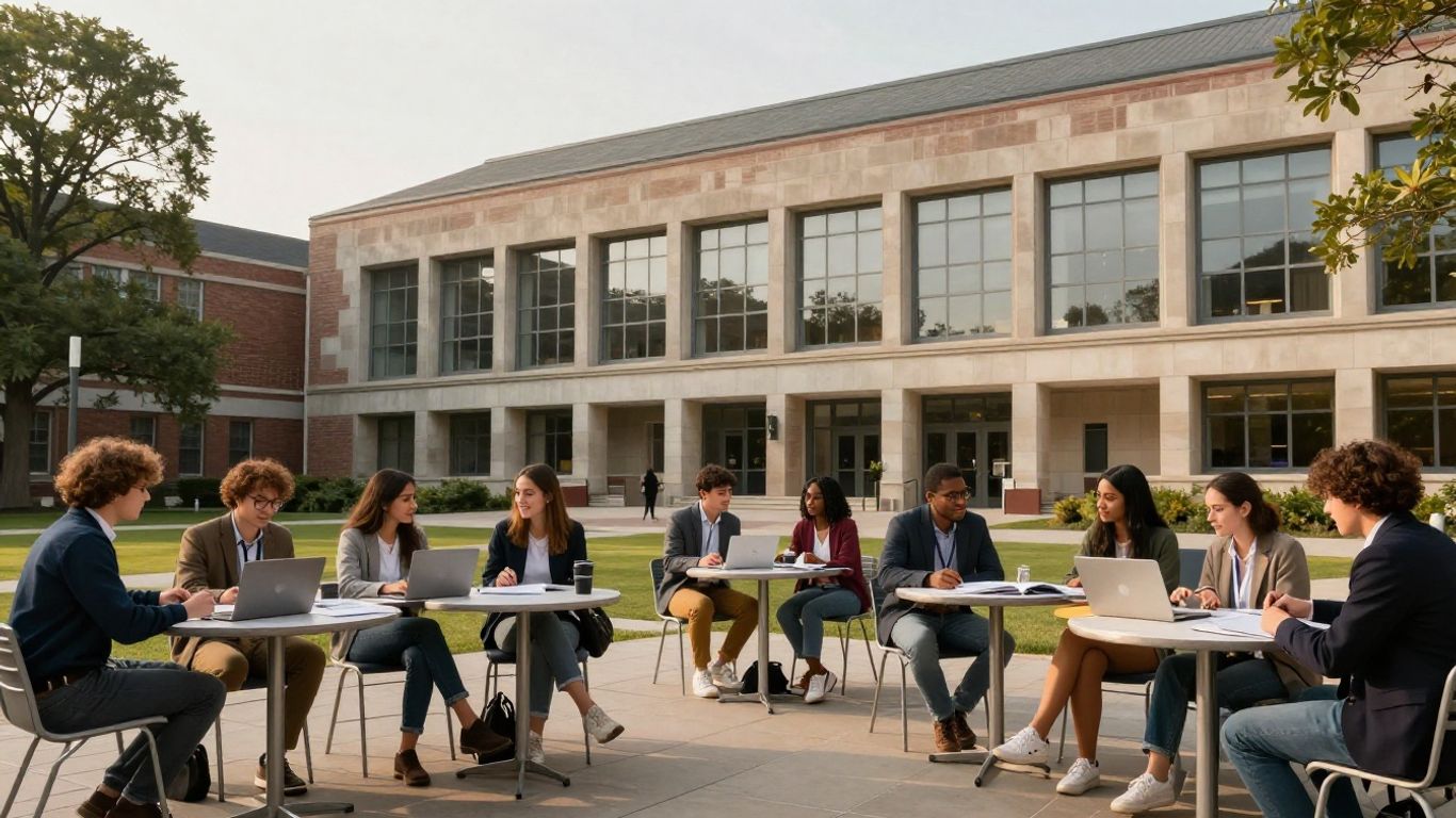Business school campus with students and academic buildings.