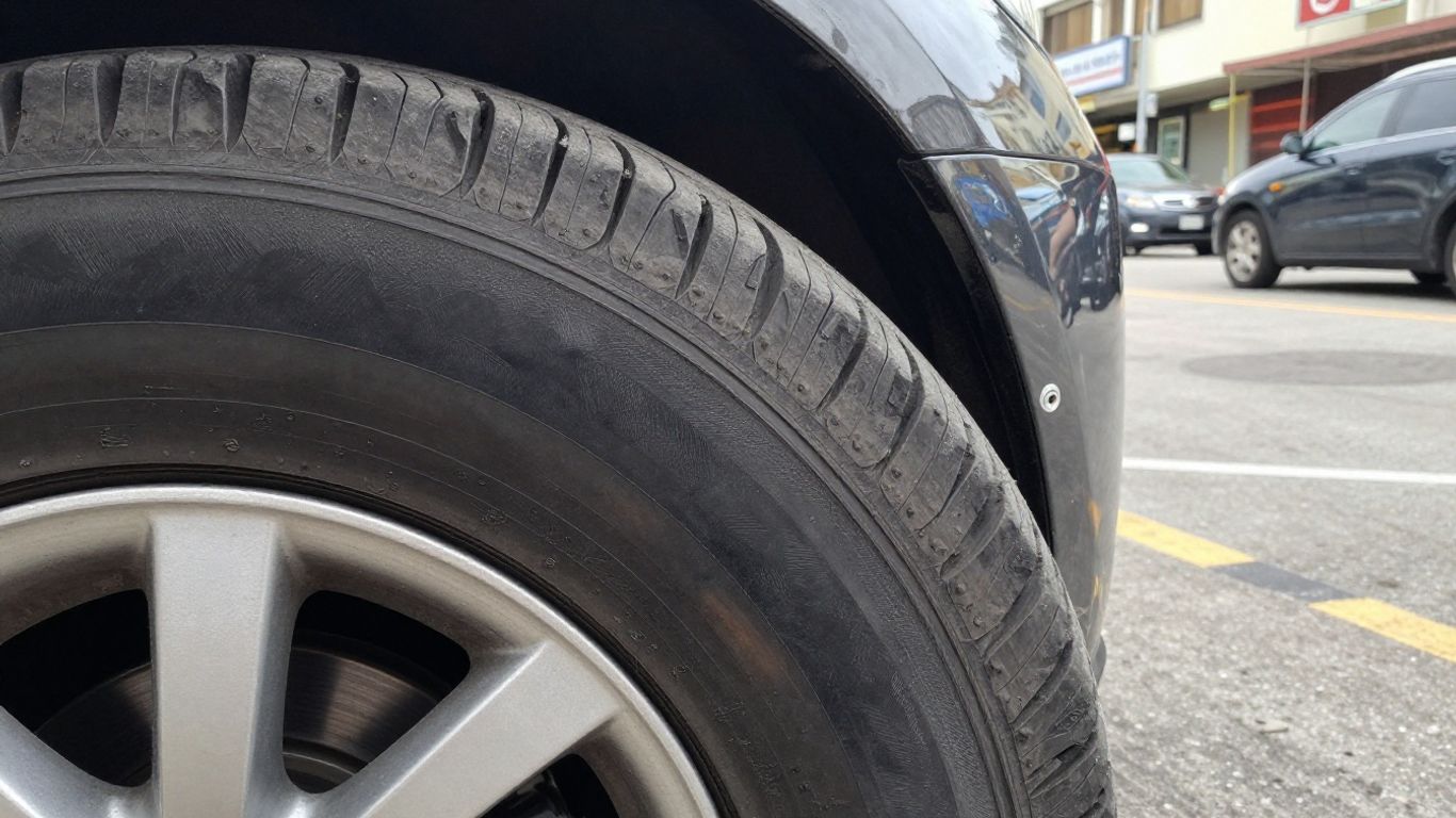 Car tire showing wear on a San Antonio street.