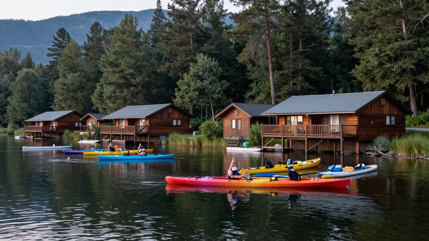 Kayaks on a calm lake beside resort cabins