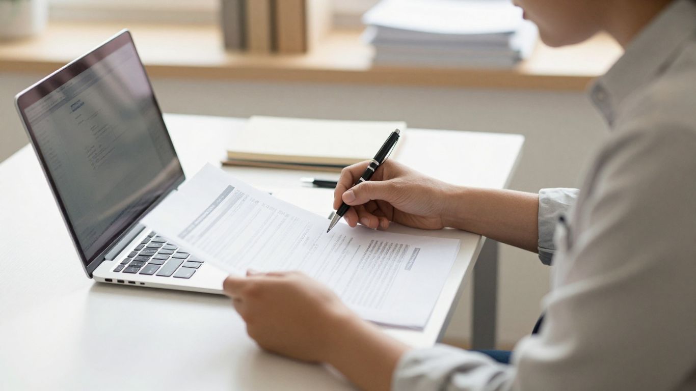 Bookkeeper reviewing statement and laptop