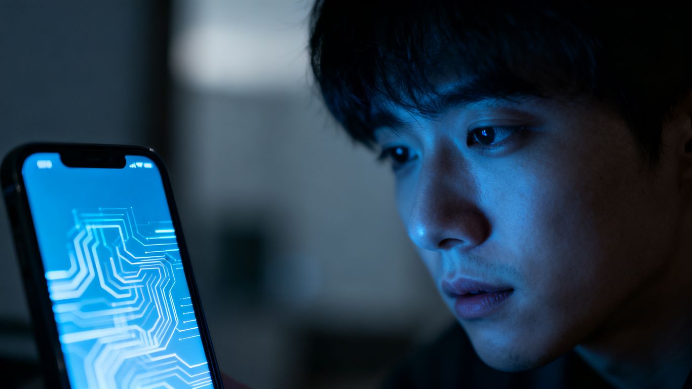 Person looking at glowing phone screen, feeling anxious.