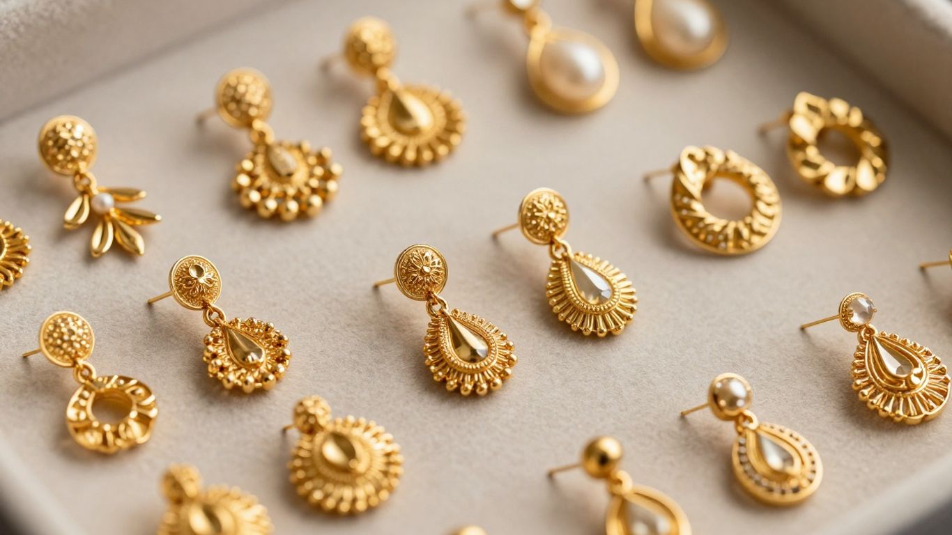 Assortment of elegant gold earrings for women.