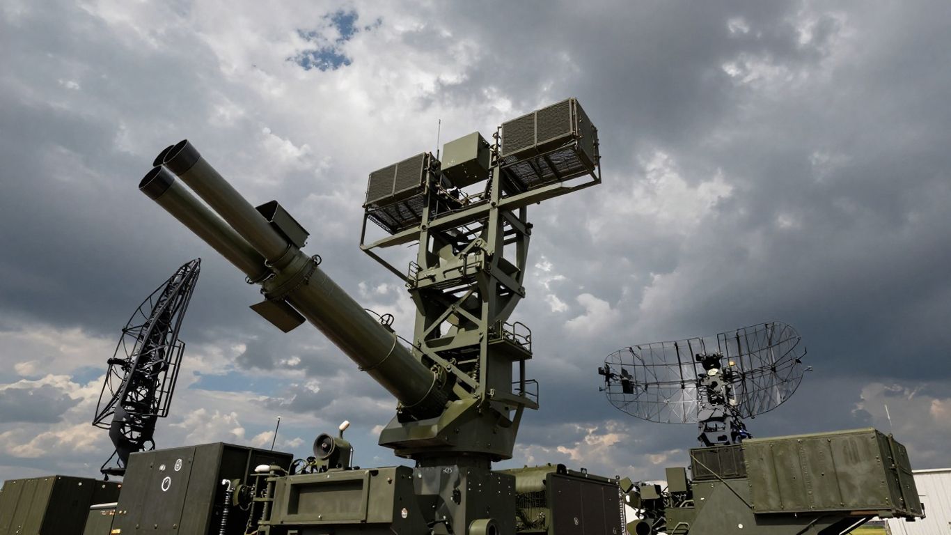 Sistem modern de apărare aeriană cu radar și lansatoare de rachete.