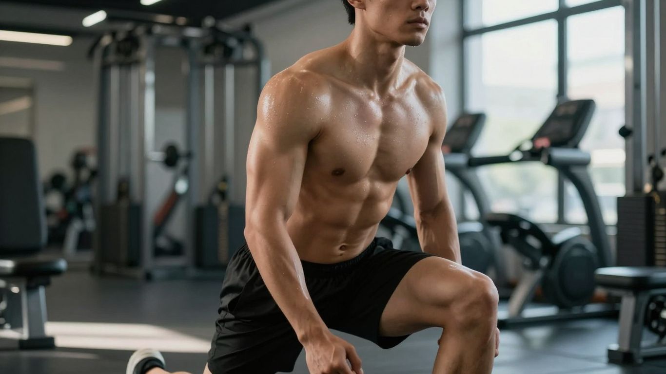 Person exercising intensely in a bright, modern gym.