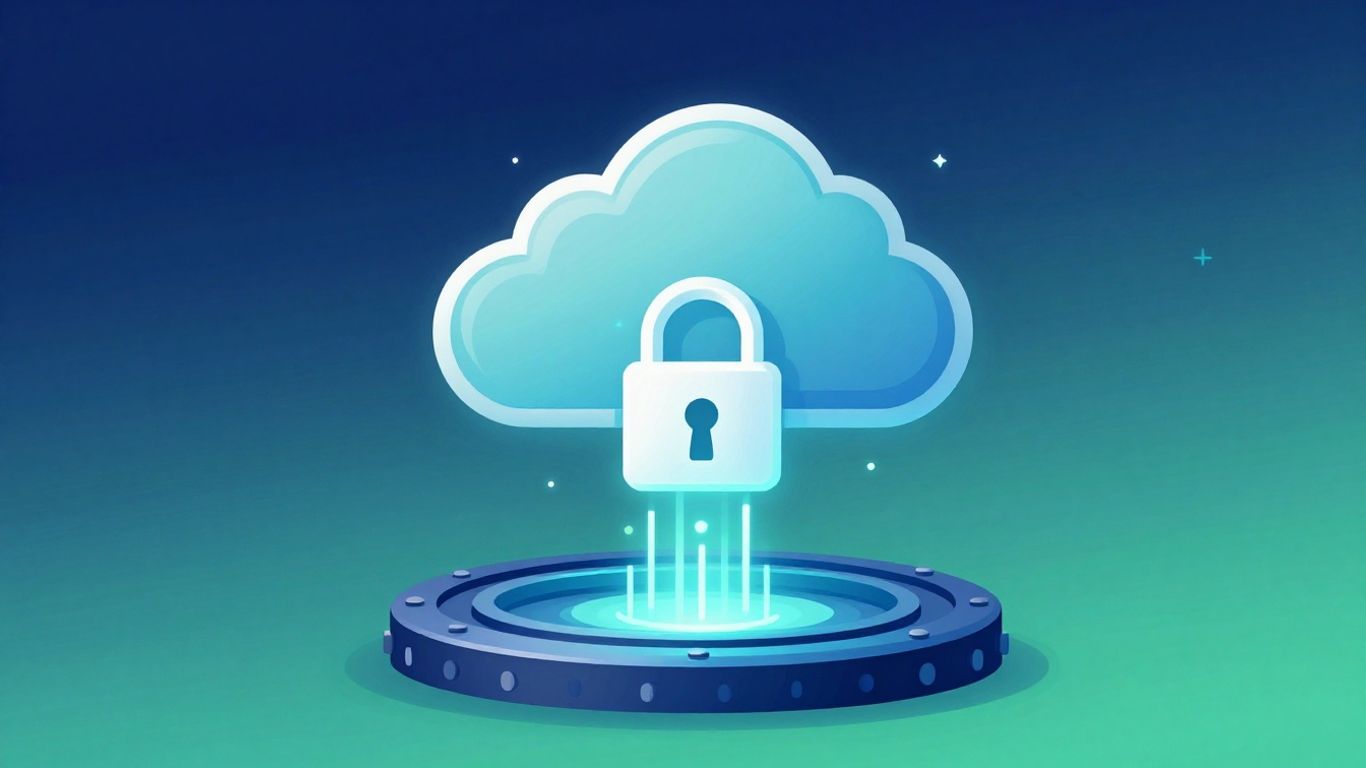 Cloud backup security with data streams and padlock.