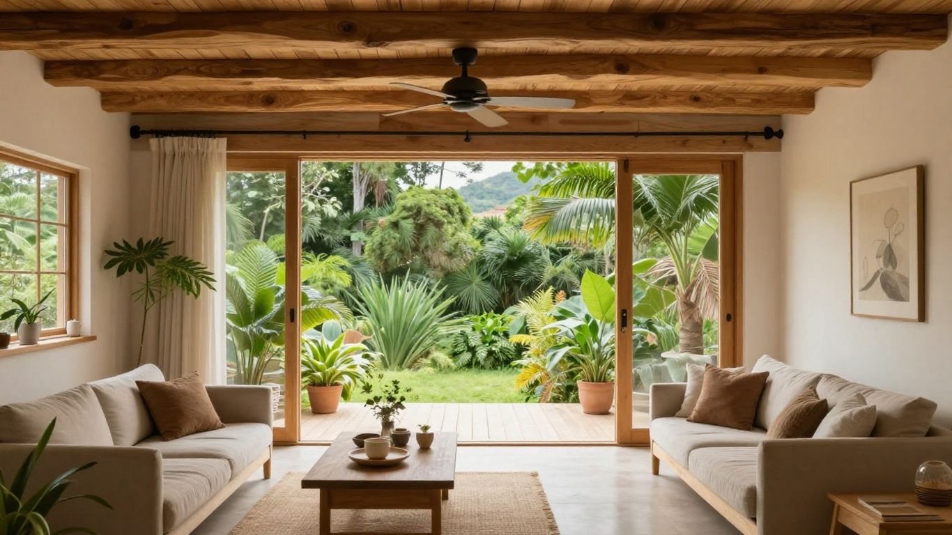 Eco-friendly Airbnb interior with plants and natural light.