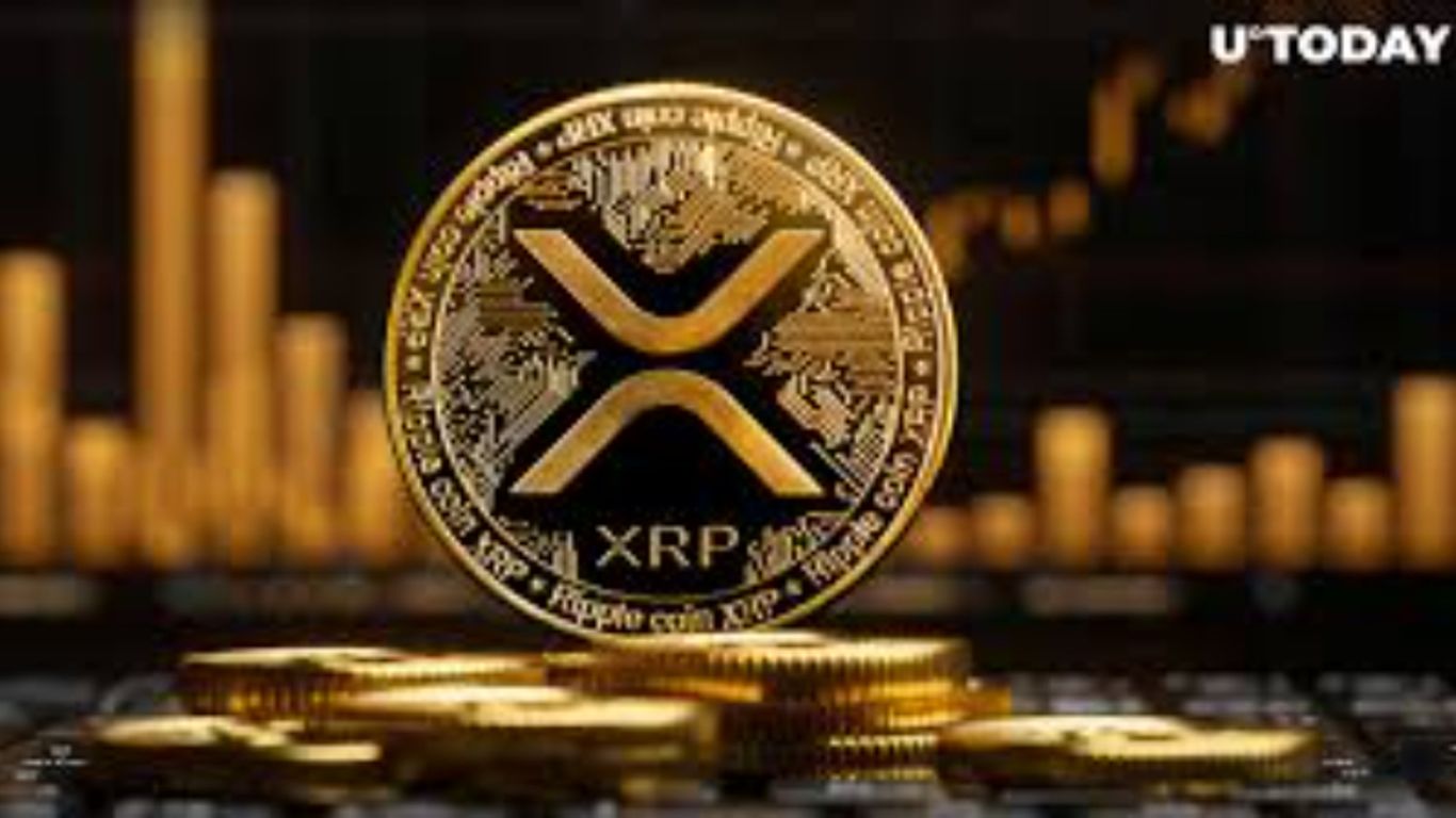 XRP cryptocurrency coin with financial graphs in the background.