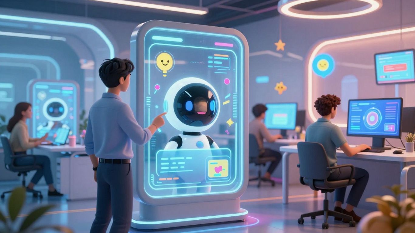 AI chatbots assisting customers in a colorful, game-like setting