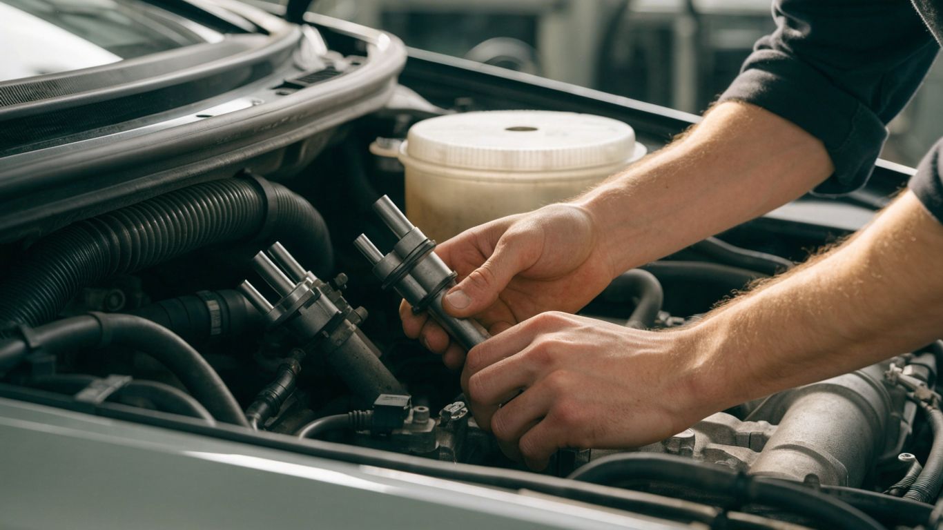 Technician checking a replacement part beside a vehicle