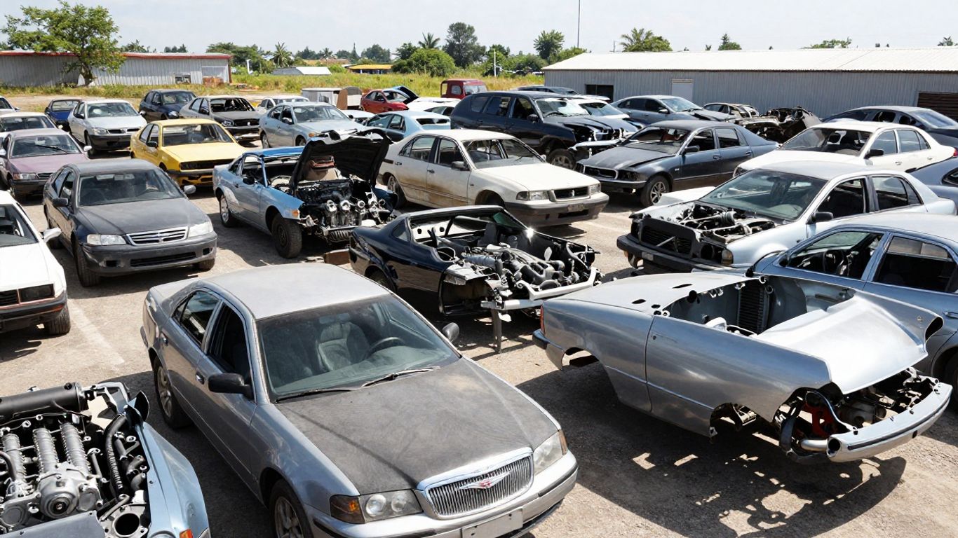 Chrysler car parts at a wrecking yard.
