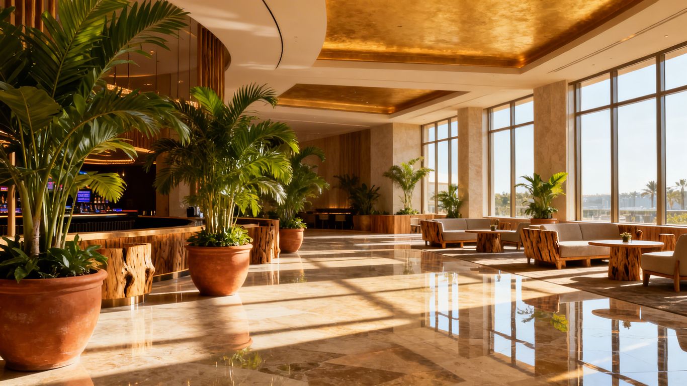 Casino interior with plants and natural light.
