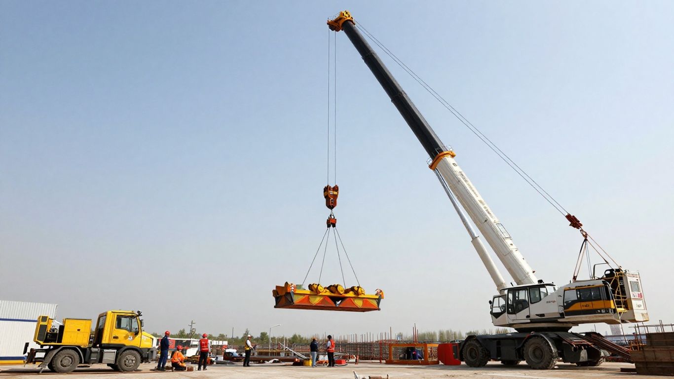 Crane lifting load on construction site.
