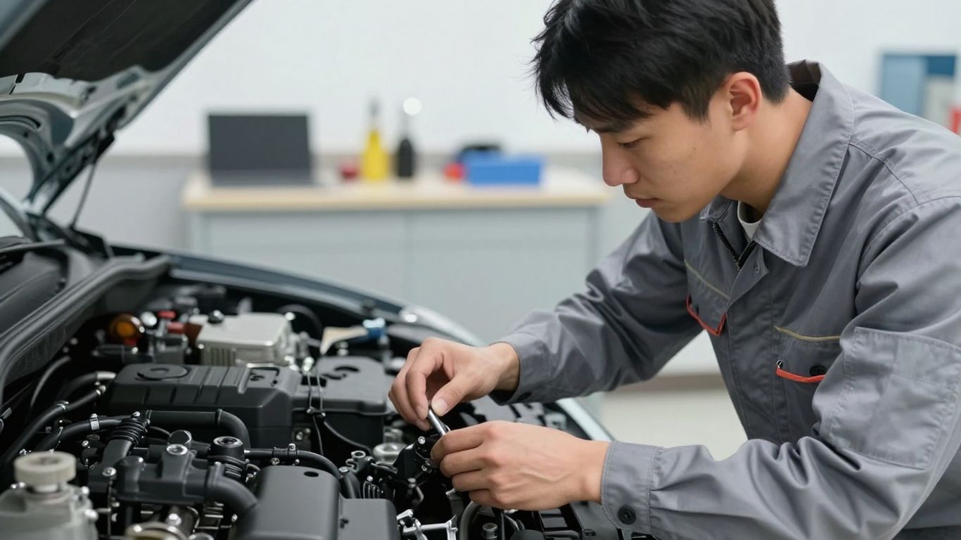 Mechanic inspecting vehicle components