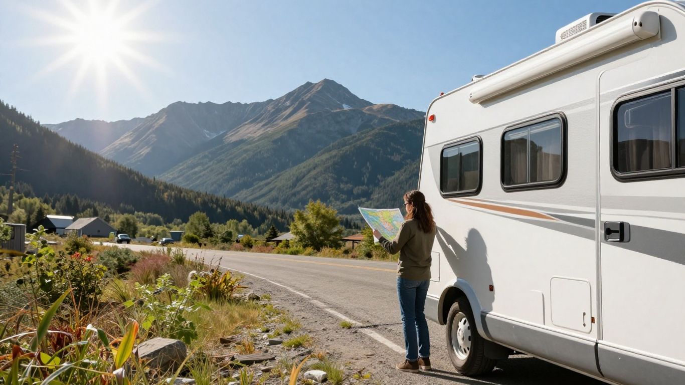 Canadian RV rental with mountains and traveler.