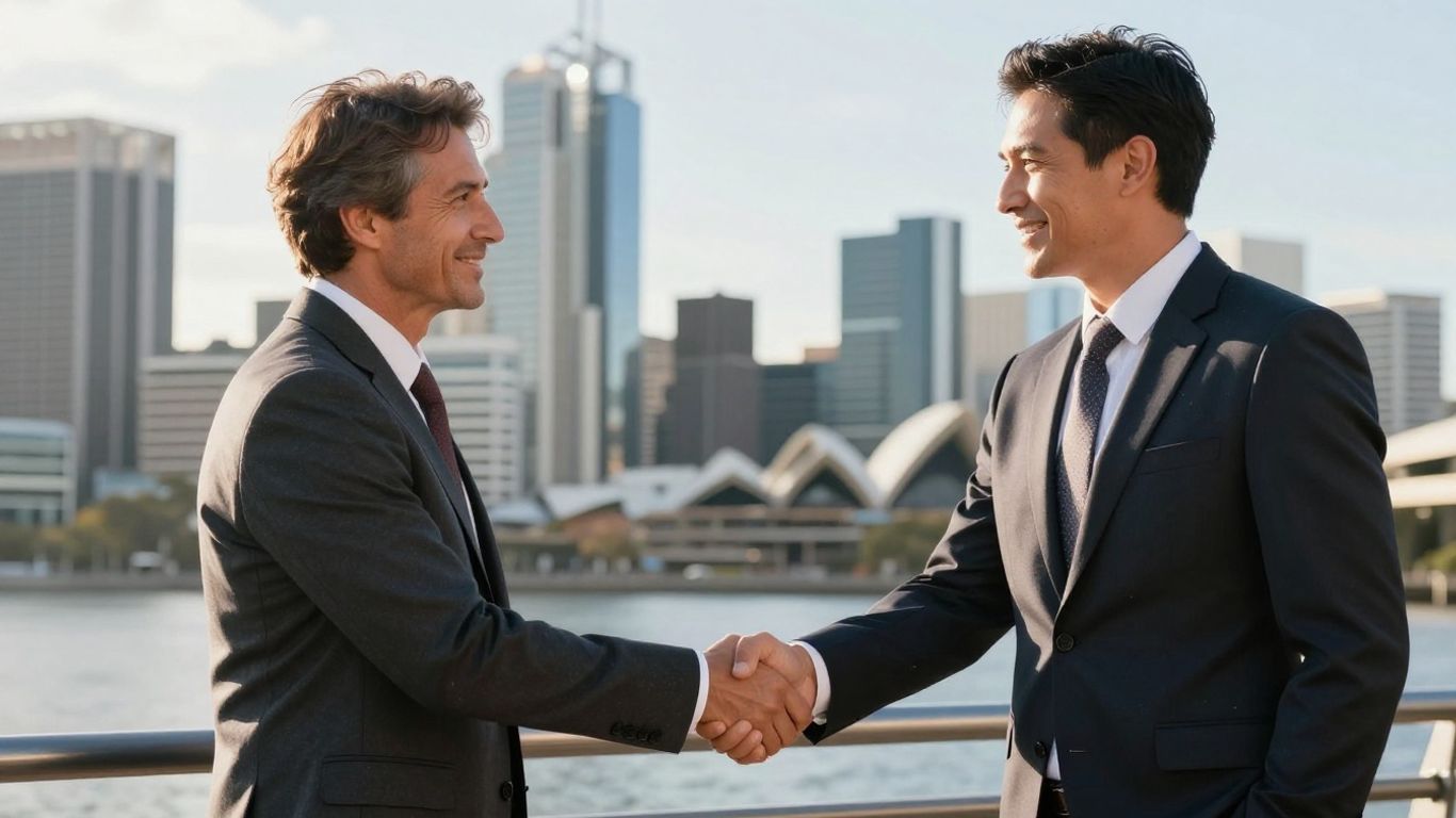 Handshake over Australian city skyline.