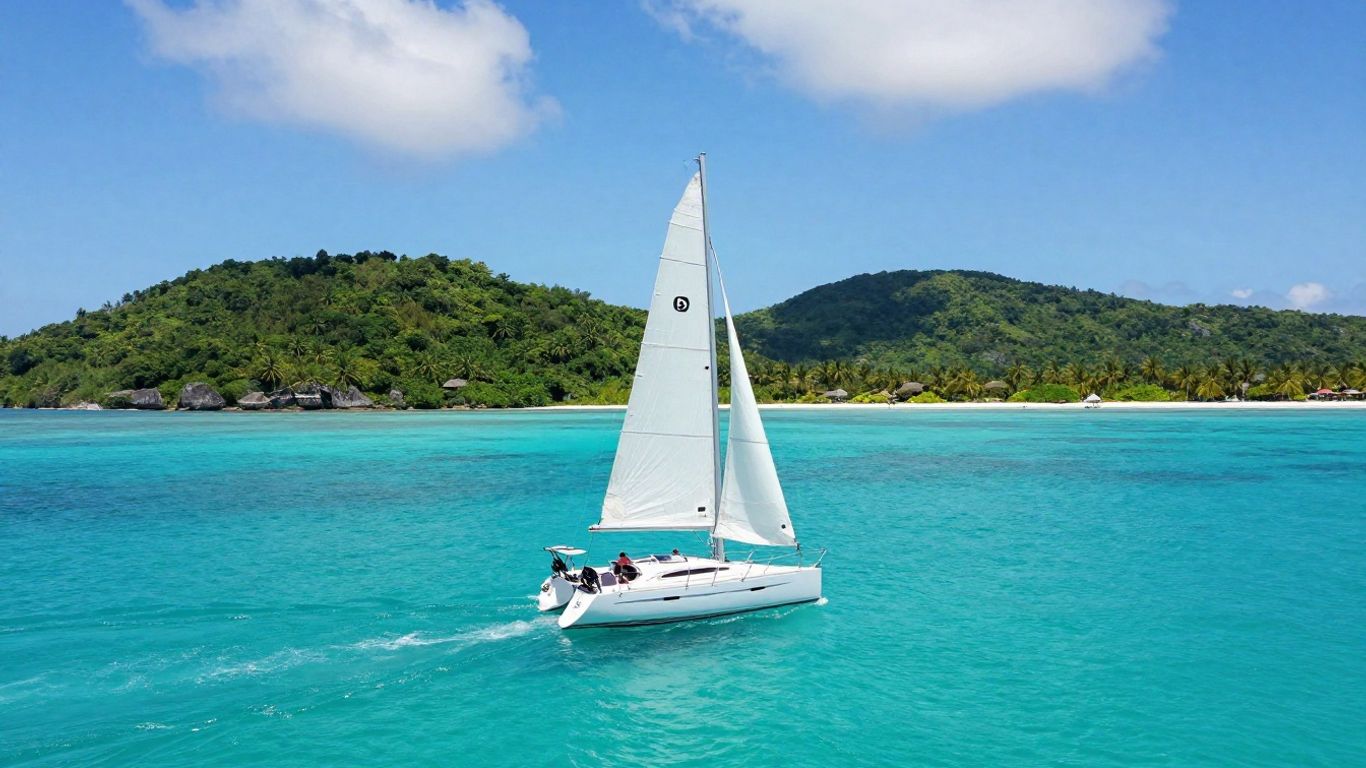 Sailboat on turquoise water near lush islands.