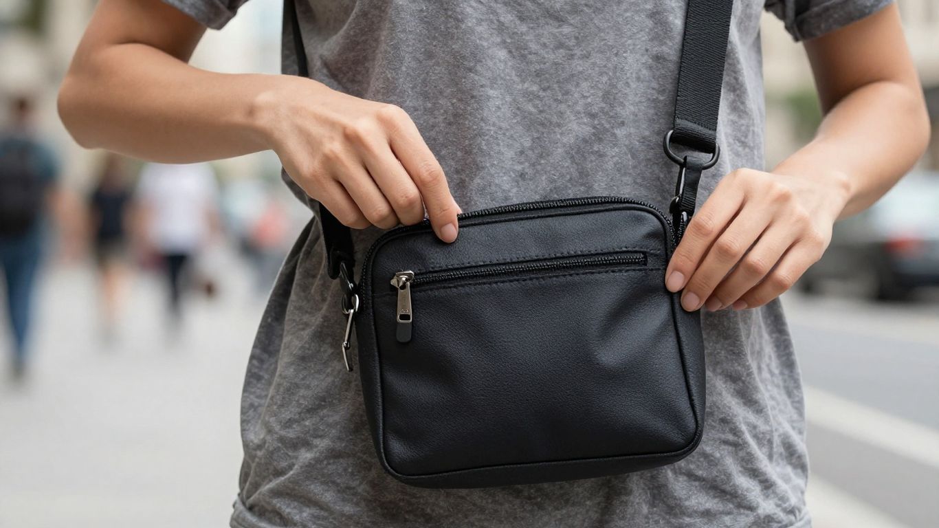 Frau schließt eine Umhängetasche für Sicherheit auf Reisen.