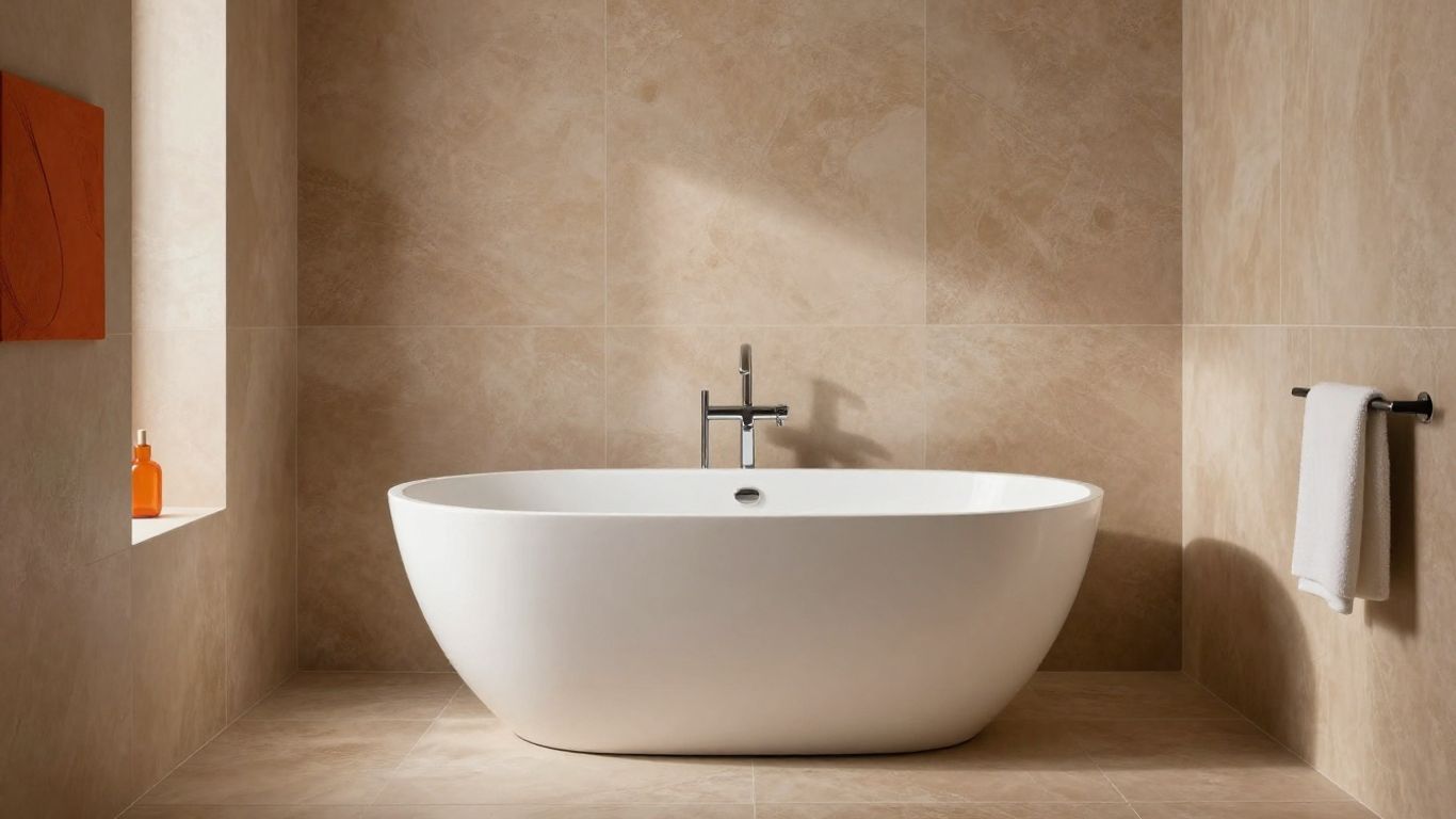 Contemporary bathroom with earthy tones and accent colors.