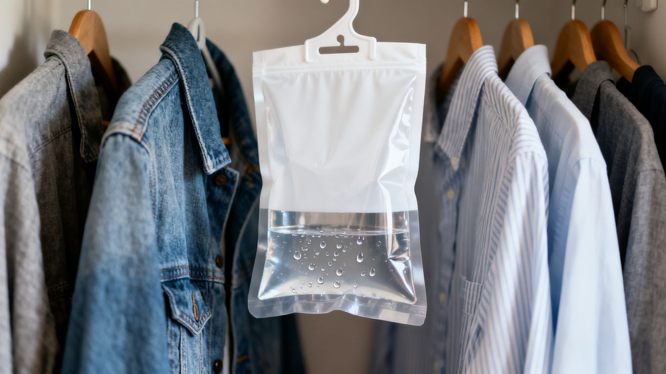 Hanging moisture bag inside a clothing closet