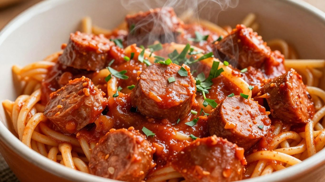Vegan sausage pasta in a bowl with herbs.