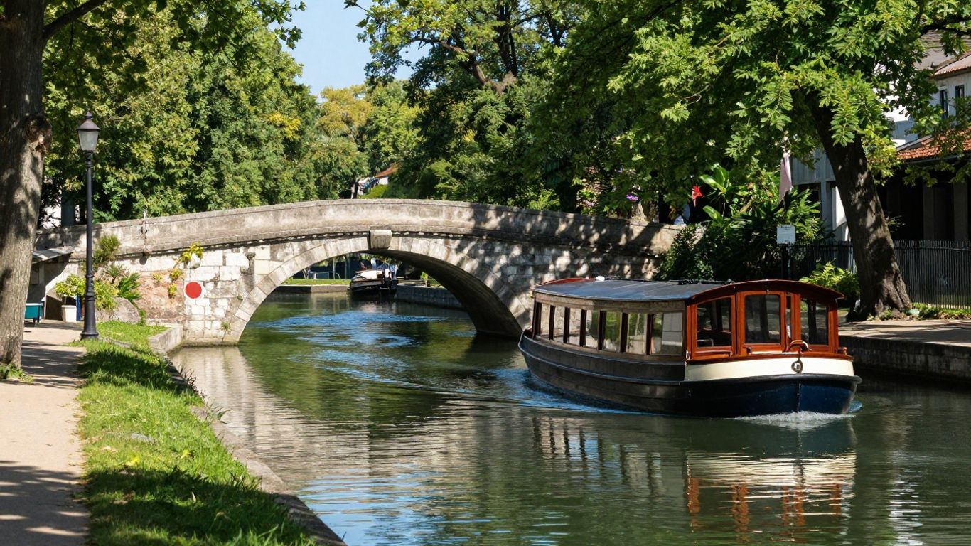 Canal du Midi with a barge and stone bridge.