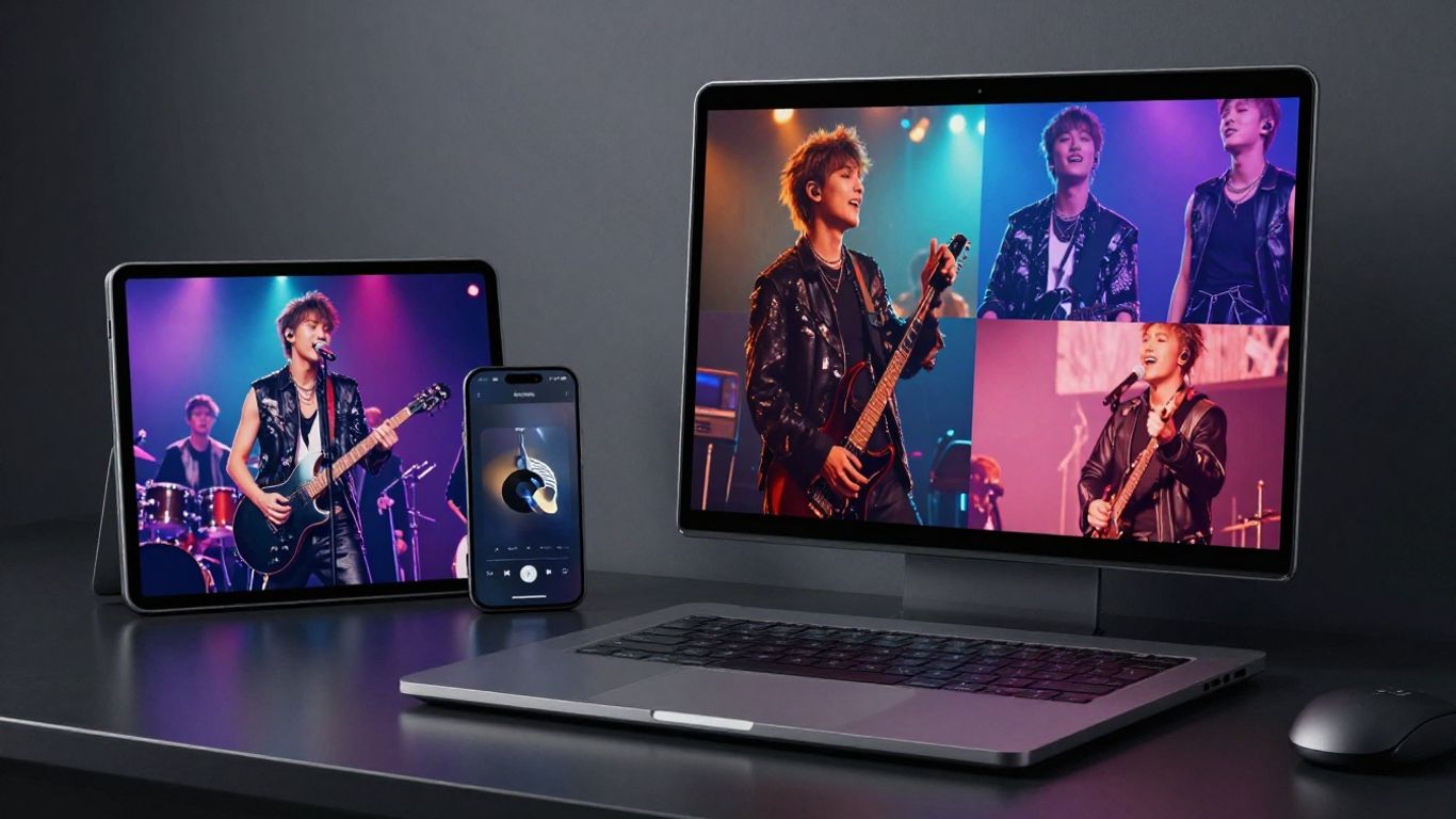 Multiple music video frames arranged across phone and laptop screens