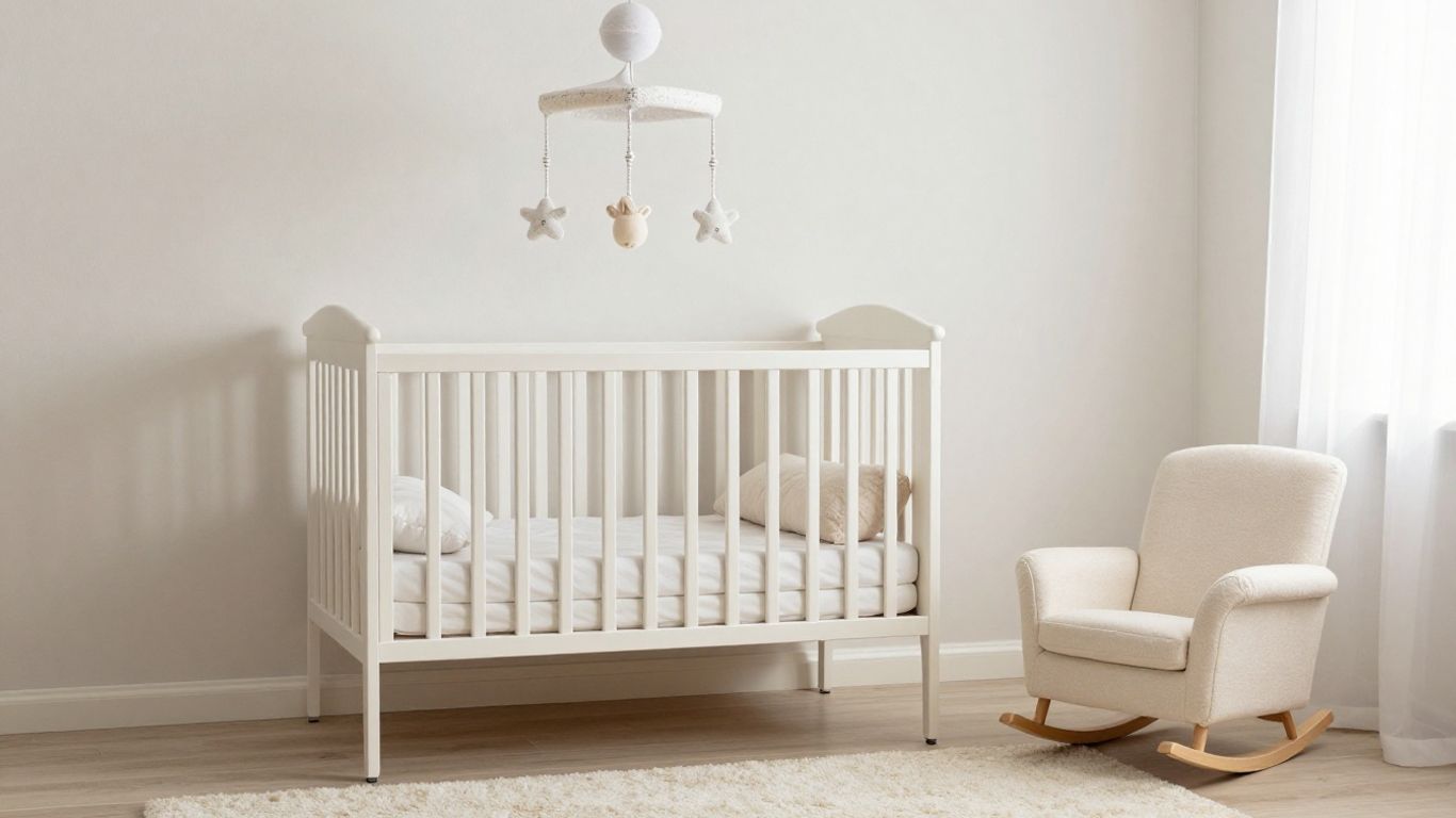Cozy nursery with crib, mobile, and rocking chair.