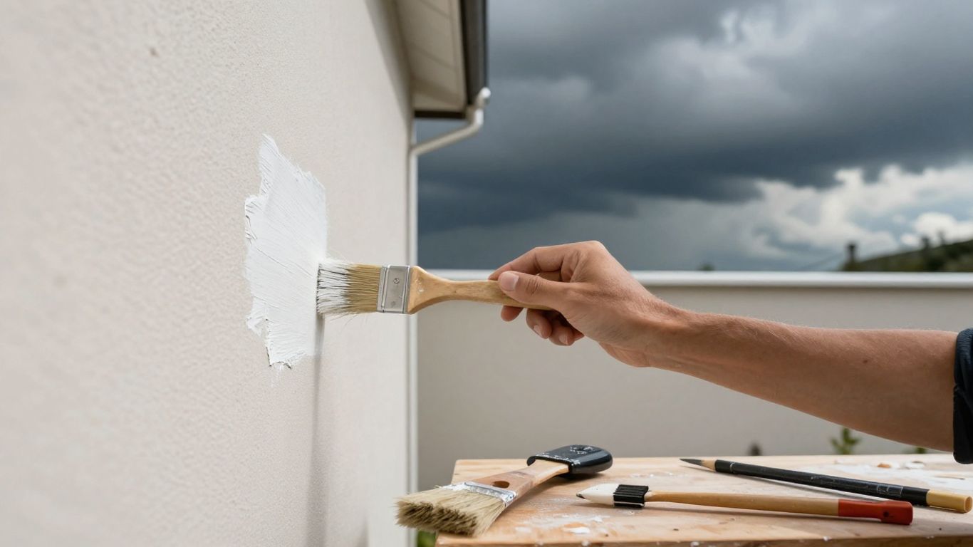 Painter working on house exterior with rain clouds approaching.