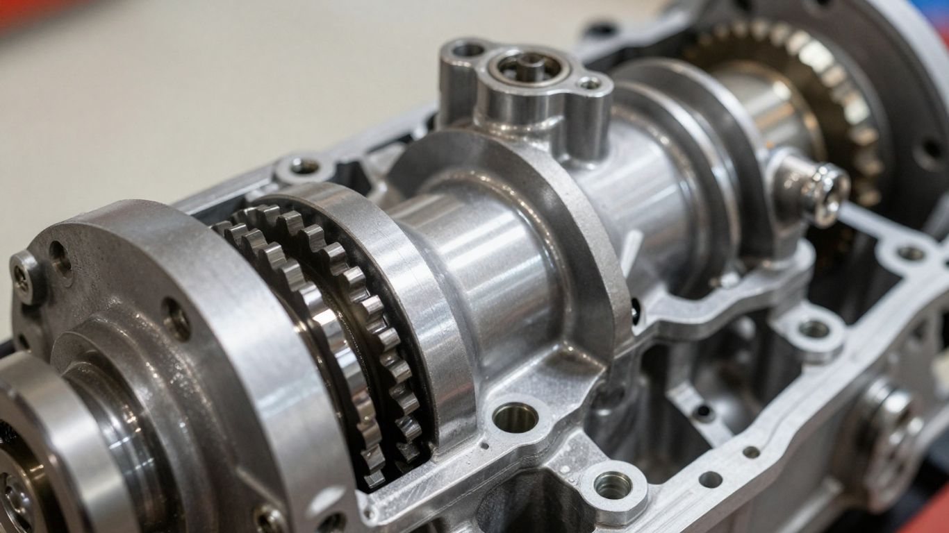 Close-up of a car transmission with visible gears.