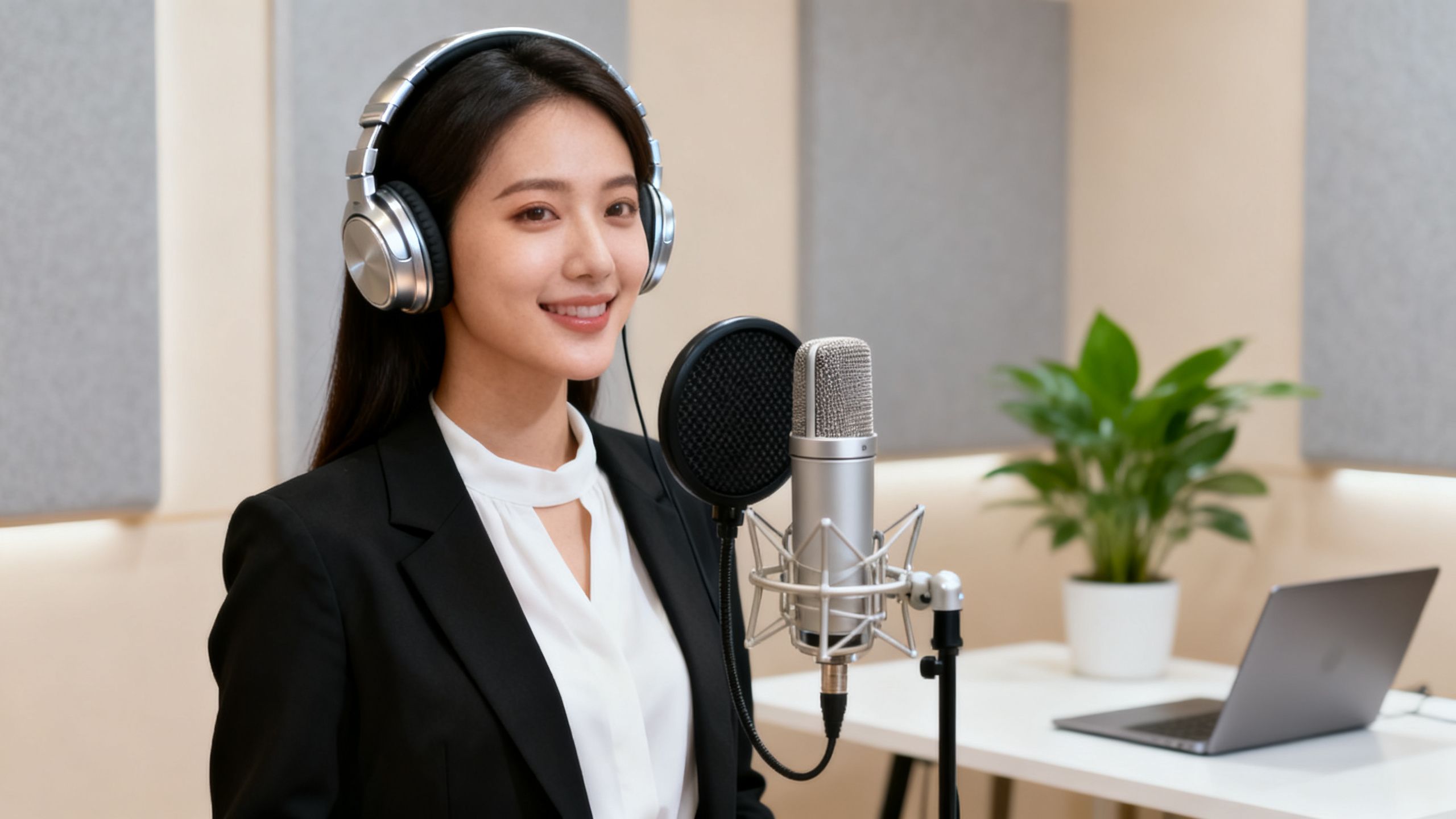 An AI-generated woman with headphones speaking into a podcast microphone in a modern studio setting.