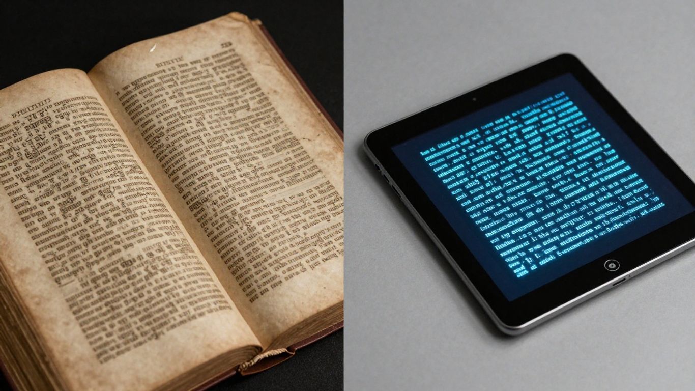 Carte veche alături de tabletă modernă, contrast cultural.