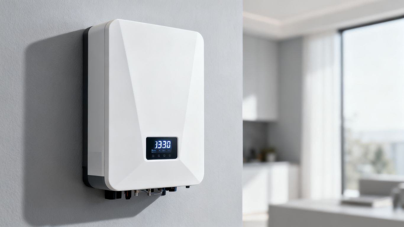 A modern solar inverter installed on a residential wall