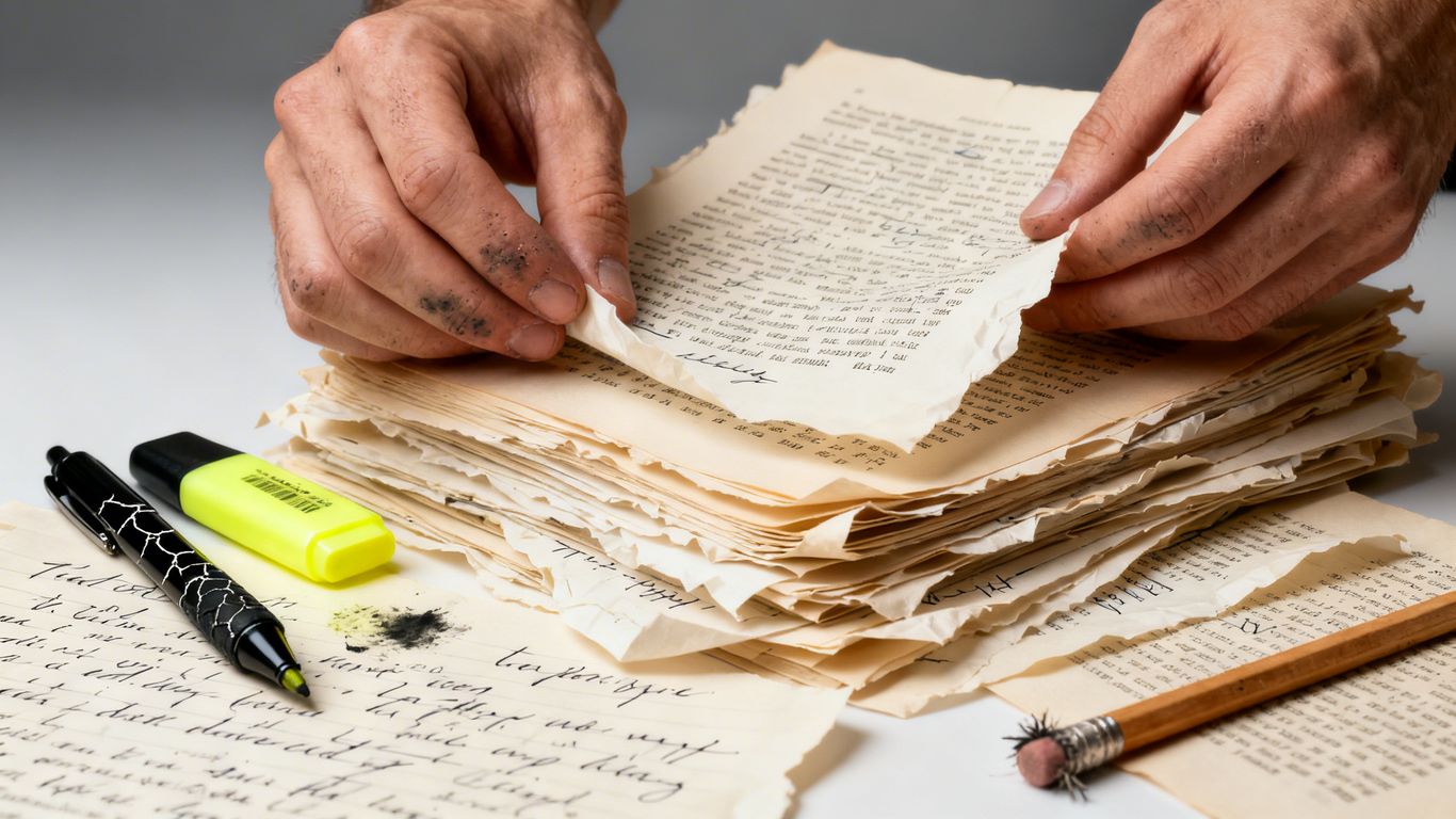 Hands organizing book pages and editing tools.