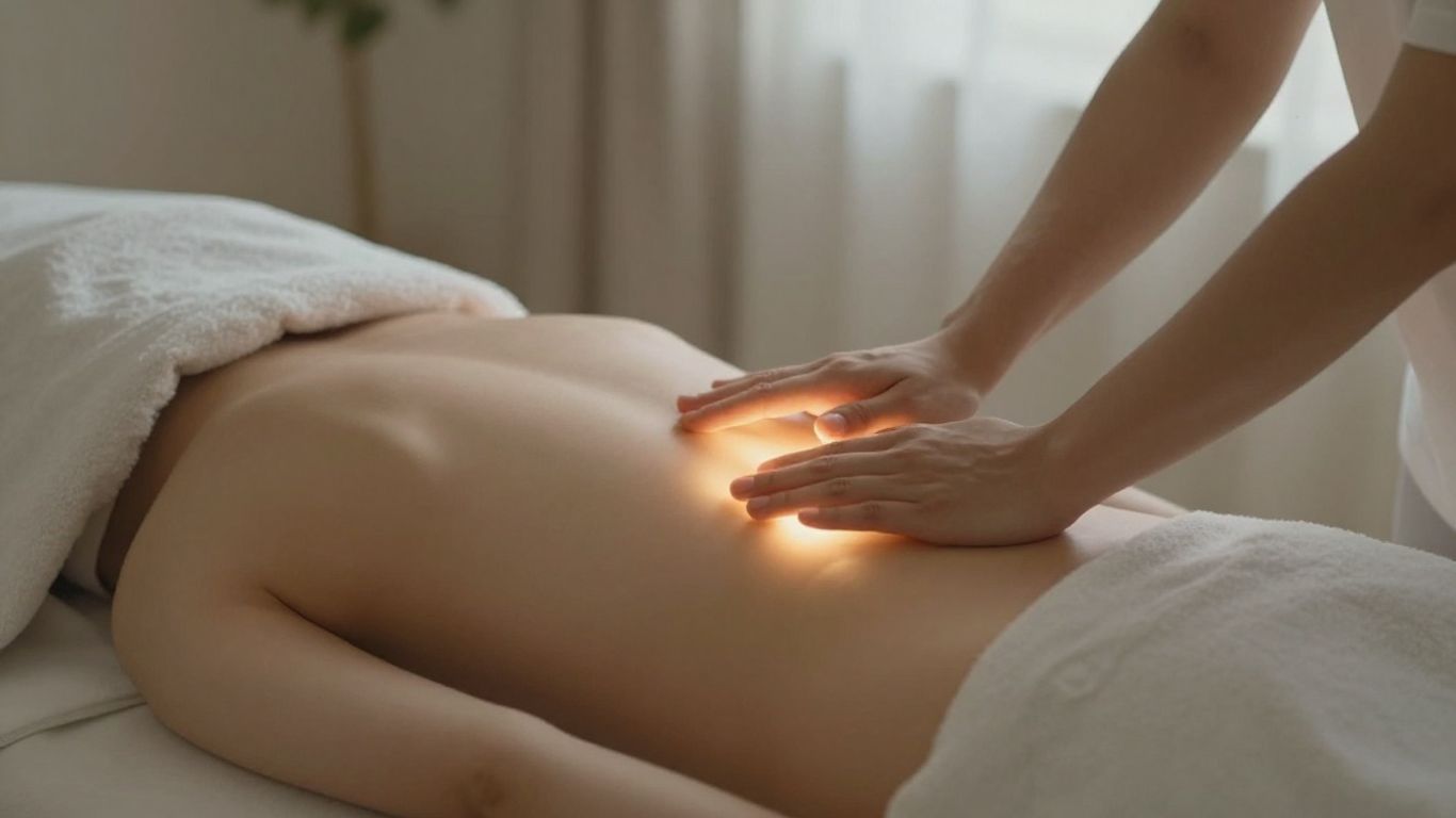 Mains flottant au-dessus d'une personne détendue sur une table de massage.