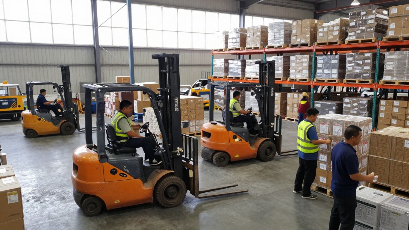 Distribution center operations team working with forklifts and shelves.