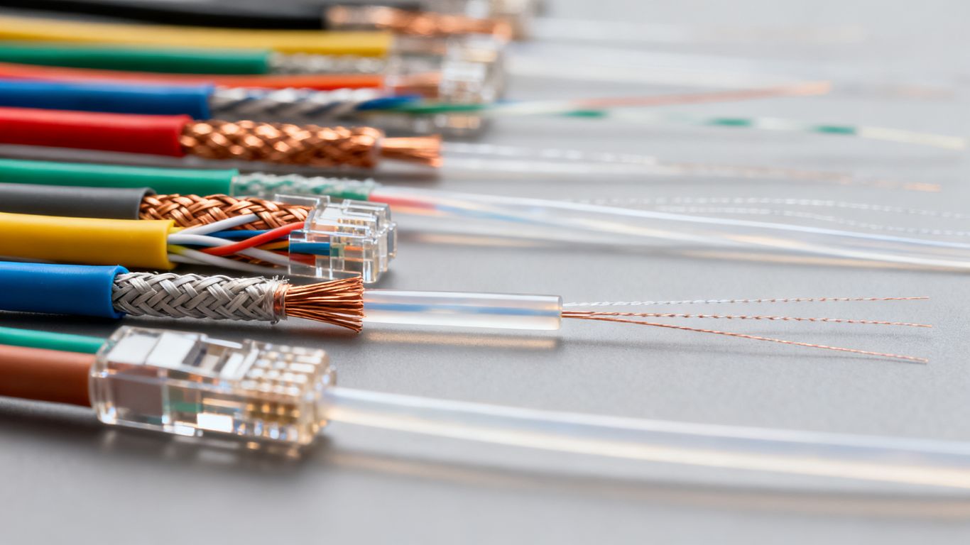 Various network cables, including Ethernet and fiber optic.