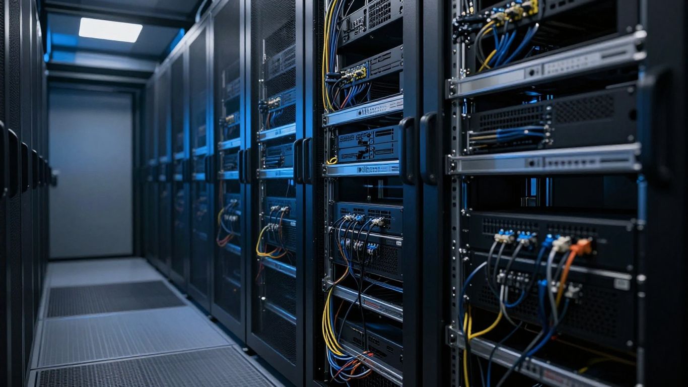 A modern data center with glowing blue network connections