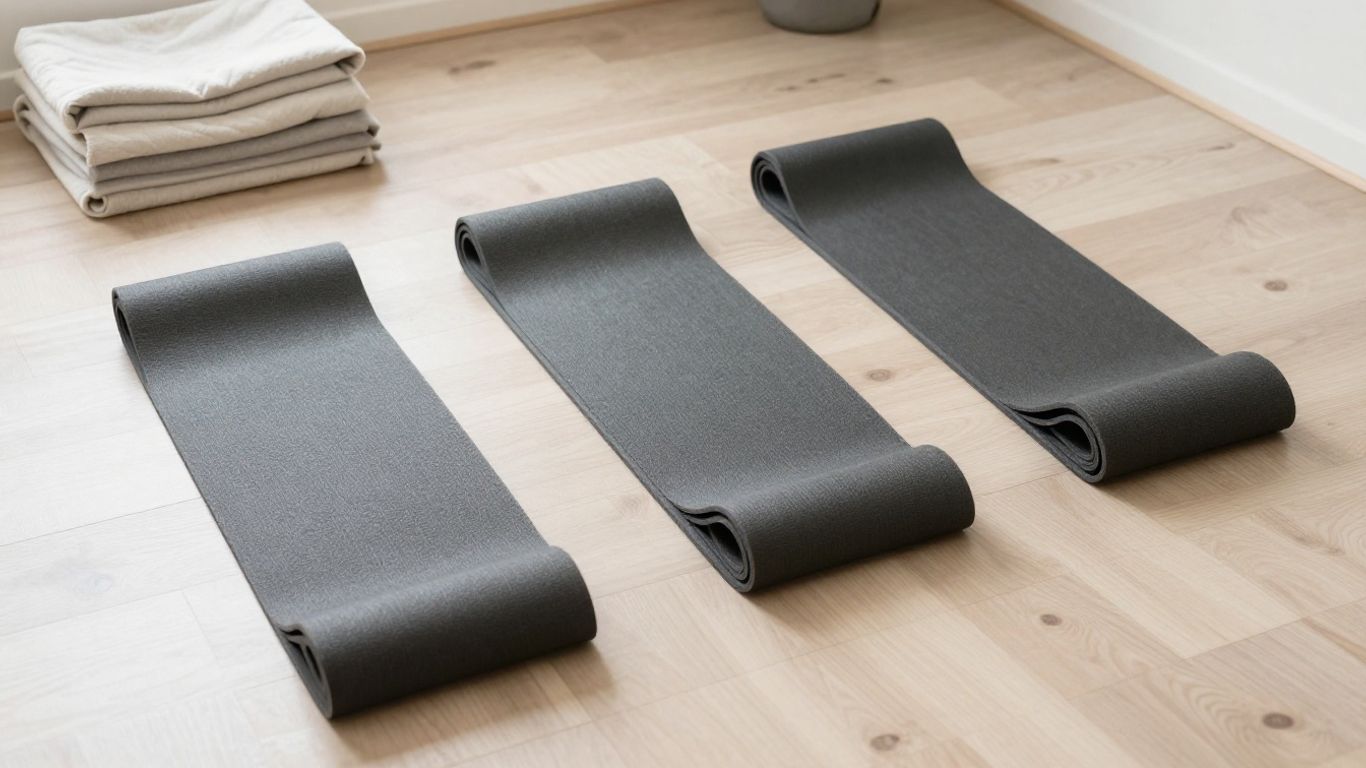 Yoga mats in different thicknesses beside a calm practice space